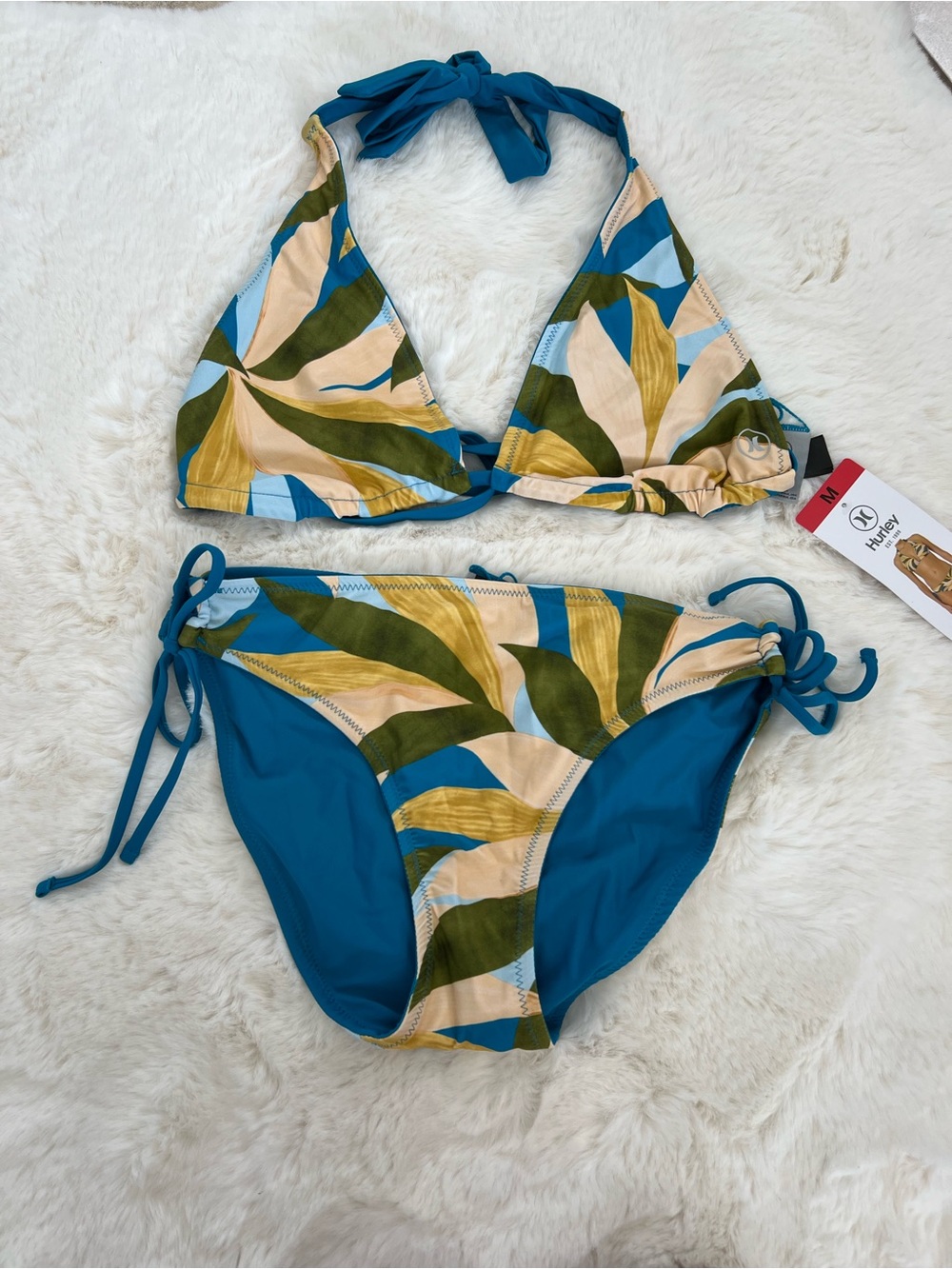 Hurley Olive and Teal Tropical Halter Bikini